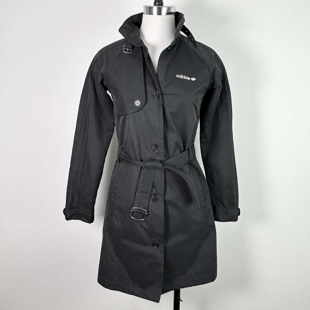 Adidas Trench Coat Women's Small Y2K Black Belted Buckle Neck Jacket Vintage